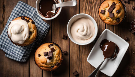 Three chocolate chip muffins on a wooden table with whipped cream, chocolate sauce and chocolate chips scattered around.の写真素材