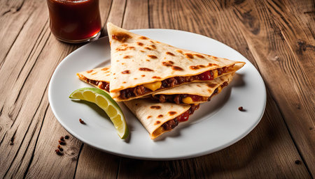 Three quesadillas with a spicy filling, on a white plate, served with a lime slice on a wooden surface.の写真素材