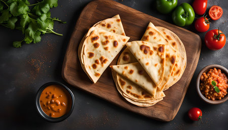 A close up of a homemade tortilla flatbread with sauce and tomatoes, the flatbread is on a wooden...