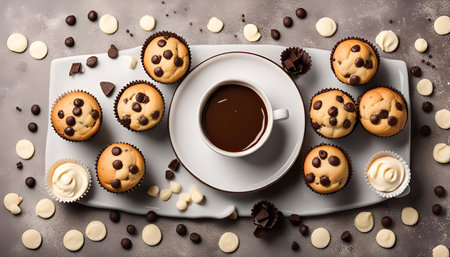 A plate of freshly baked chocolate chip muffins with a cup of hot chocolate and white chocolate chips scattered around. The perfect sweet treat for a cozy afternoon.の写真素材