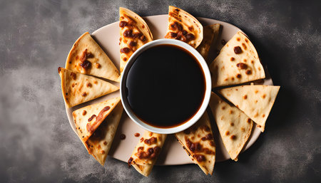 A close-up view of crispy fried tortillas arranged around a dipping sauce, ready to be enjoyed.の写真素材