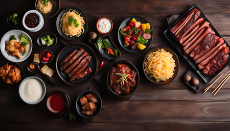 A table full of Asian food dishes, with plates of noodles, meat, and vegetablesの写真素材