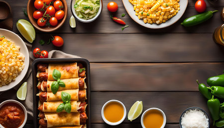 A top-down view of a table laden with a delicious spread of Mexican food, featuring enchiladas, corn, jalapenos, limes, salsa, and rice.の写真素材