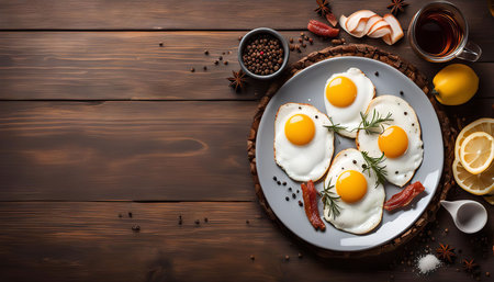 A plate of fried eggs with a side of spices and tea. The eggs are cooked to perfection, with runny yolks and crispy edges. The spices add a touch of flavor and the tea is a refreshing drink. A simple but delicious meal that is perfect for any occasion.の写真素材