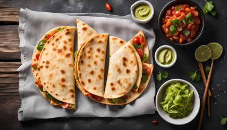 A close-up view of four delicious quesadillas, neatly arranged on a gray napkin. Surrounding them are bowls of vibrant toppings, including salsa, guacamole, and lime wedges.の写真素材