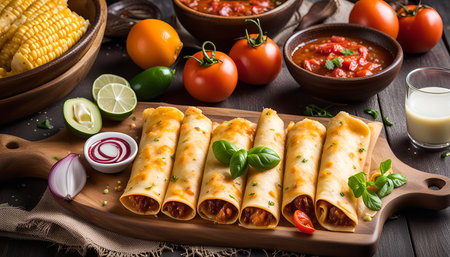 A close-up shot of a delicious-looking quesadilla, a traditional Mexican dish with cheese, vegetables and salsa. The quesadillas are beautifully grilled and arranged on a wooden board with all the toppings and ingredients, making a perfect presentation.の写真素材