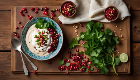 A close-up shot of a bowl filled with yogurt, pomegranate seeds, and fresh herbs, set on a wooden surface.の写真素材