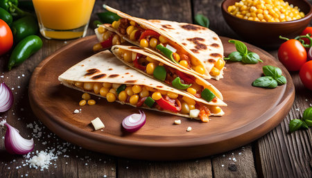 A close-up shot of three delicious quesadillas filled with corn, peppers, and onions, served on a rustic wooden board.の写真素材