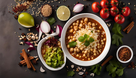 A bowl of delicious chickpea curry with a variety of fresh ingredients surrounding it.の写真素材
