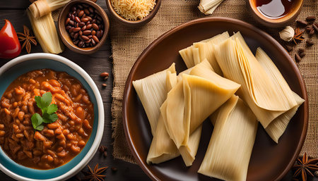 A close up shot of traditional Mexican tamales wrapped in corn husks with a side of beans and ingredients scattered around.の写真素材