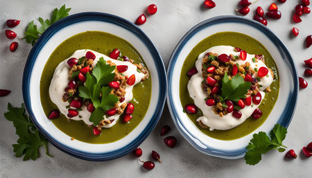 Two bowls of green soup topped with creamy whipped topping, crunchy crumbs, and vibrant pomegranate seeds. Fresh parsley sprigs add a touch of freshness to this visually appealing and delicious dish.の写真素材