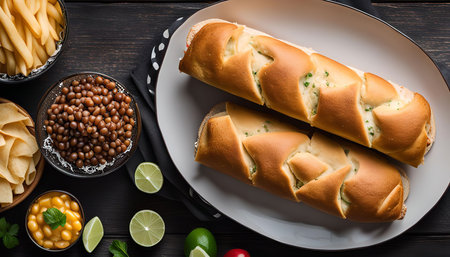 A top view of two garlic breads on a white plate with sides such as lima beans, corn and french fries.の写真素材