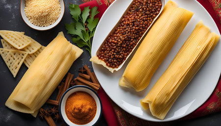 Three tamales wrapped in corn husks are arranged on a white plate, ready to be steamed. Surrounding the tamales are ingredients like lentils, spices, and parsley.の写真素材