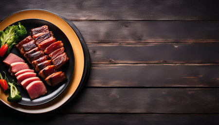 A close-up of a plate of seared tuna and salmon on a wooden background with a side of broccoli and tomatoes.の写真素材