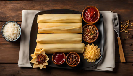 A plate of tamales with a variety of toppings, including salsa, cheese, beans, and rice.の写真素材