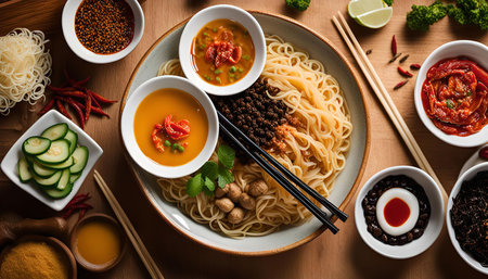 A delectable Asian noodle dish served with various toppings in a white bowl, featuring chopsticks for eating. The arrangement includes several bowls with different sauces and ingredients, all arranged on a wooden table, creating a vibrant and appetizing scene.の写真素材