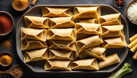A top view of a gray plate filled with pasta shells ready to be filled, surrounded by spices, rice, celery, and a wooden spoon on a gray backgroundの写真素材