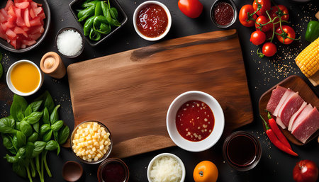 Flat lay composition of fresh ingredients for Asian cuisine, arranged around a wooden cutting board on a dark background.の写真素材