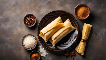 A plate of tamales, a traditional Mexican dish, ready to be enjoyed. The tamales are wrapped in corn...