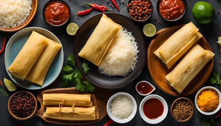 A top view of traditional Mexican tamales, surrounded by various side dishes such as rice, beans, chili, salsa, lime, corn, and cheese.の写真素材