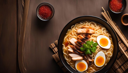 A steaming bowl of ramen noodles topped with succulent chicken, a soft boiled egg, and a sprinkle of herbs.の写真素材