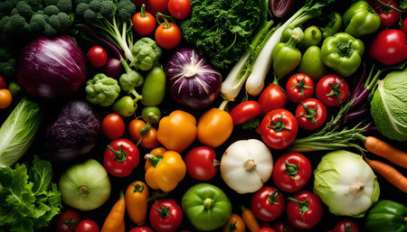 A captivating image showing a vibrant array of fresh vegetables and fruits, arranged in a colorful still life. The image captures the essence of a healthy and flavorful diet.の写真素材