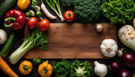 A wooden cutting board surrounded by a variety of fresh vegetables, including broccoli, garlic, onions, bell peppers, zucchini, carrots, lettuce, parsley, dill, celery, radishes, and leafy greens. The image is a celebration of fresh, healthy, and natural produce.の写真素材