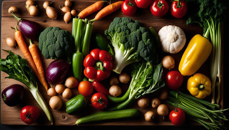 A variety of fresh vegetables arranged on a wooden background. The colors and textures of the vegetables are vibrant and inviting.の写真素材