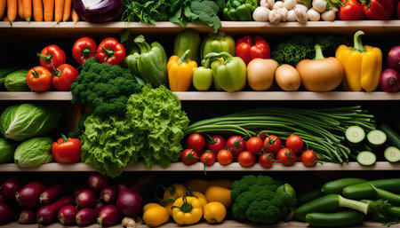 A vibrant display of fresh vegetables on wooden shelves, showcasing a wide variety of colors and textures. The scene emphasizes the bounty and diversity of nature's offerings.の写真素材