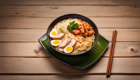 A close-up shot of a steaming bowl of ramen noodles with chicken, eggs, and chopsticks.