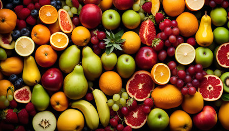 A close-up shot of a diverse selection of fresh fruits arranged in a vibrant display, showing their natural beauty and deliciousness.の写真素材