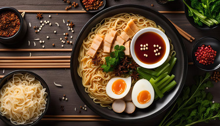 A top-down view of a delicious Asian noodle dish with egg, vegetables, and soy sauce. The dish is beautifully arranged on a black plate, showing its colorful ingredients and tempting flavors.の写真素材