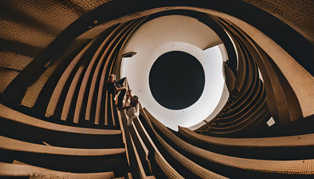 A captivating photograph of two people ascending a unique curved staircase. The modern architecture creates a dynamic and intriguing composition, leading the viewer's eye upwards.の写真素材