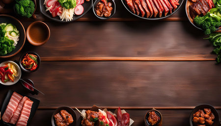 A mouthwatering arrangement of various Asian dishes on a rustic wooden table, showing a variety of fresh ingredients, colorful presentations, and tantalizing flavors. From succulent meats to vibrant vegetables, this culinary spread is a feast for the eyes and taste buds.の写真素材