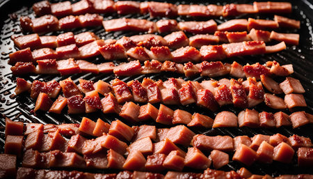 A close-up shot of crispy bacon bits on a hot grill pan, ready to be enjoyed. The squares of bacon have been perfectly cooked to a golden brown, with a glistening layer of fat on top. This image is sure to whet the appetite of anyone who loves bacon.の写真素材