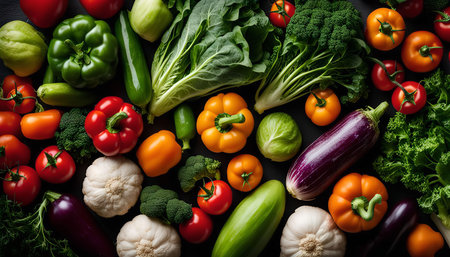 A vibrant and colorful display of fresh vegetables, showing a variety of colors and textures, highlighting the natural beauty of food.の写真素材