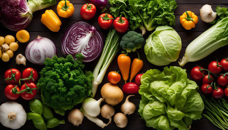 A variety of fresh vegetables arranged on a wooden surface. The vibrant colors and textures of the vegetables create a visually appealing composition.の写真素材