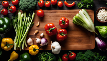 A wooden cutting board is adorned with a vibrant array of fresh vegetables, showing a variety of colors and textures. The ingredients, including tomatoes, broccoli, garlic, onions, and celery, are ready for cooking and create a visually appealing display of healthy eating.の写真素材