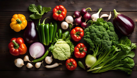 A close-up shot of a variety of fresh vegetables arranged on a wooden table. The vegetables include broccoli, cauliflower, bell peppers, tomatoes, onions, garlic, and eggplant. The vibrant colors and fresh appearance of the vegetables make them look appetizing and healthy.の写真素材