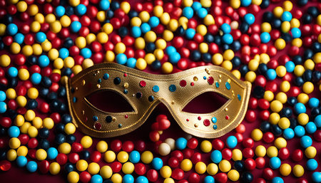 A golden masquerade mask lying on a bed of colorful candies, creating a festive and celebratory atmosphere.の写真素材