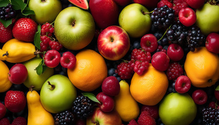 A vibrant display of colorful fruits and berries, including apples, oranges, strawberries, raspberries, and grapes.の写真素材