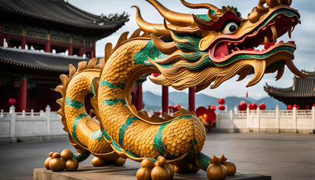 A large golden dragon statue stands in front of a traditional Chinese temple. The dragon is a mythical creature in Chinese culture, symbolizing power, wisdom, and good luck.の写真素材