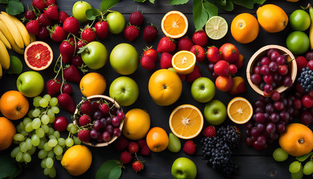 A vibrant and colorful flat lay featuring a variety of fresh fruits arranged on a dark wooden surface. The image captures the essence of healthy eating with its abundance of fresh produce.の写真素材