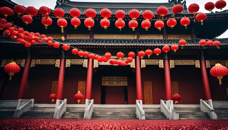 A traditional Chinese temple adorned with red lanterns, symbolizing good luck and prosperity, creating a festive and celebratory atmosphere.の写真素材