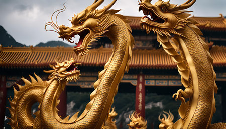 Two magnificent golden dragons statues stand tall in front of a traditional Chinese temple. The intricate details and vibrant colors make them a captivating sight.の写真素材