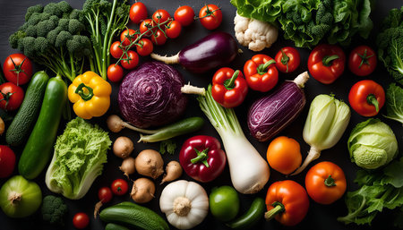 A flat lay image of fresh, vibrant vegetables arranged on a dark background. The image features a variety of produce, including tomatoes, broccoli, cucumbers, peppers, cauliflower, garlic, onions, and leafy greens. It is a vibrant representation of healthy eating and the bounty of nature.の写真素材
