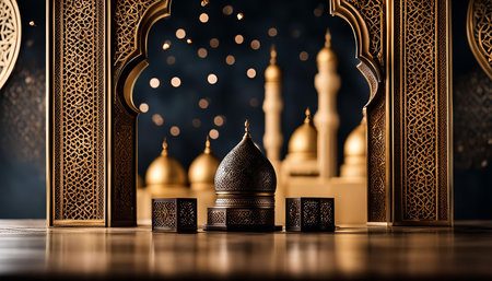 A beautiful golden mosque decoration with intricate details, capturing the essence of Islamic faith and architecture.の写真素材