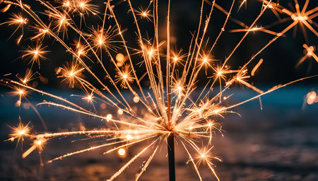 Close up of a glowing sparkler, illuminated against a dark backdrop, evoking joy and festivity.の写真素材