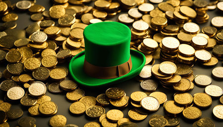 A green leprechaun hat sits on top of a pile of gold coins, symbolizing the luck and fortune associated with St. Patrick's Day.の写真素材
