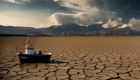 A solitary boat rests on a dry lake bed, its hull half-submerged in the cracked earth. The mountains in the distance loom over the desolate landscape, creating a sense of stark beauty and quiet loneliness.の写真素材